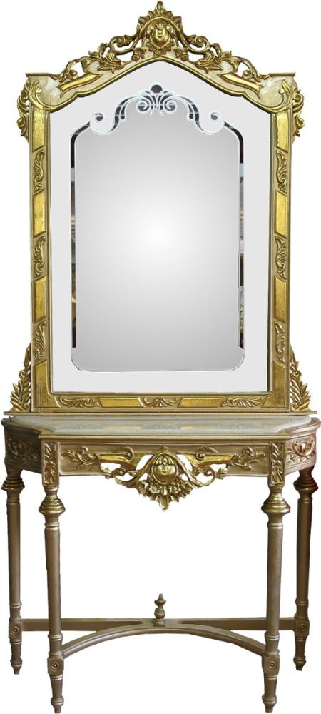 Casa Padrino Barock Spiegelkonsole Gold mit Marmorplatte und mit schönen Barock Verzierungen auf dem Spiegelglas Mod8 - Antik Look Bild 1