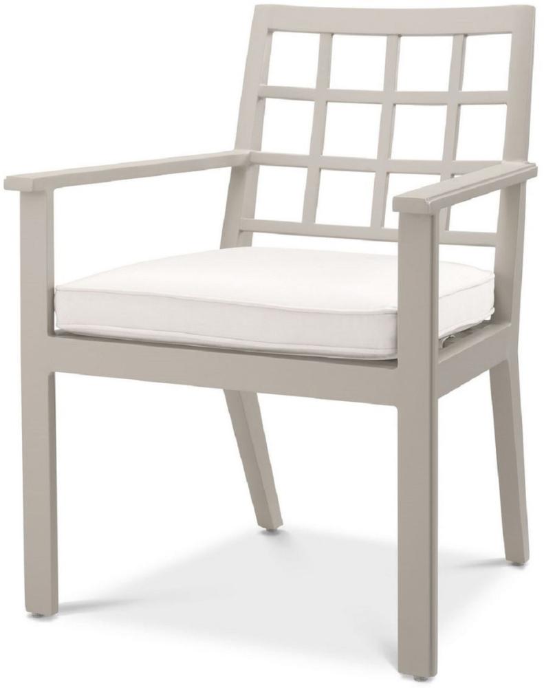 Casa Padrino Luxus Esszimmerstuhl mit Armlehnen Sandfarben / Weiß 64,5 x 65 x H. 88,5 cm - Wetterbeständiger Aluminium Stuhl mit Sitzkissen - Garten Terrassen Stuhl - Luxus Qualität Bild 1
