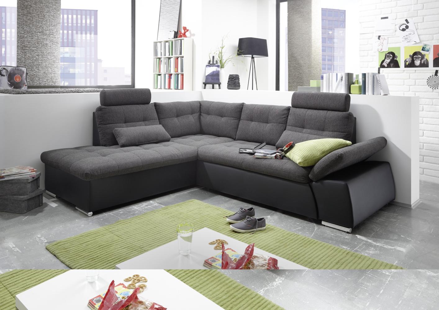 Ecksofa JAK Couch Schlafcouch Sofa Lederlook schwarz grau Ottomane links L-Form Bild 1