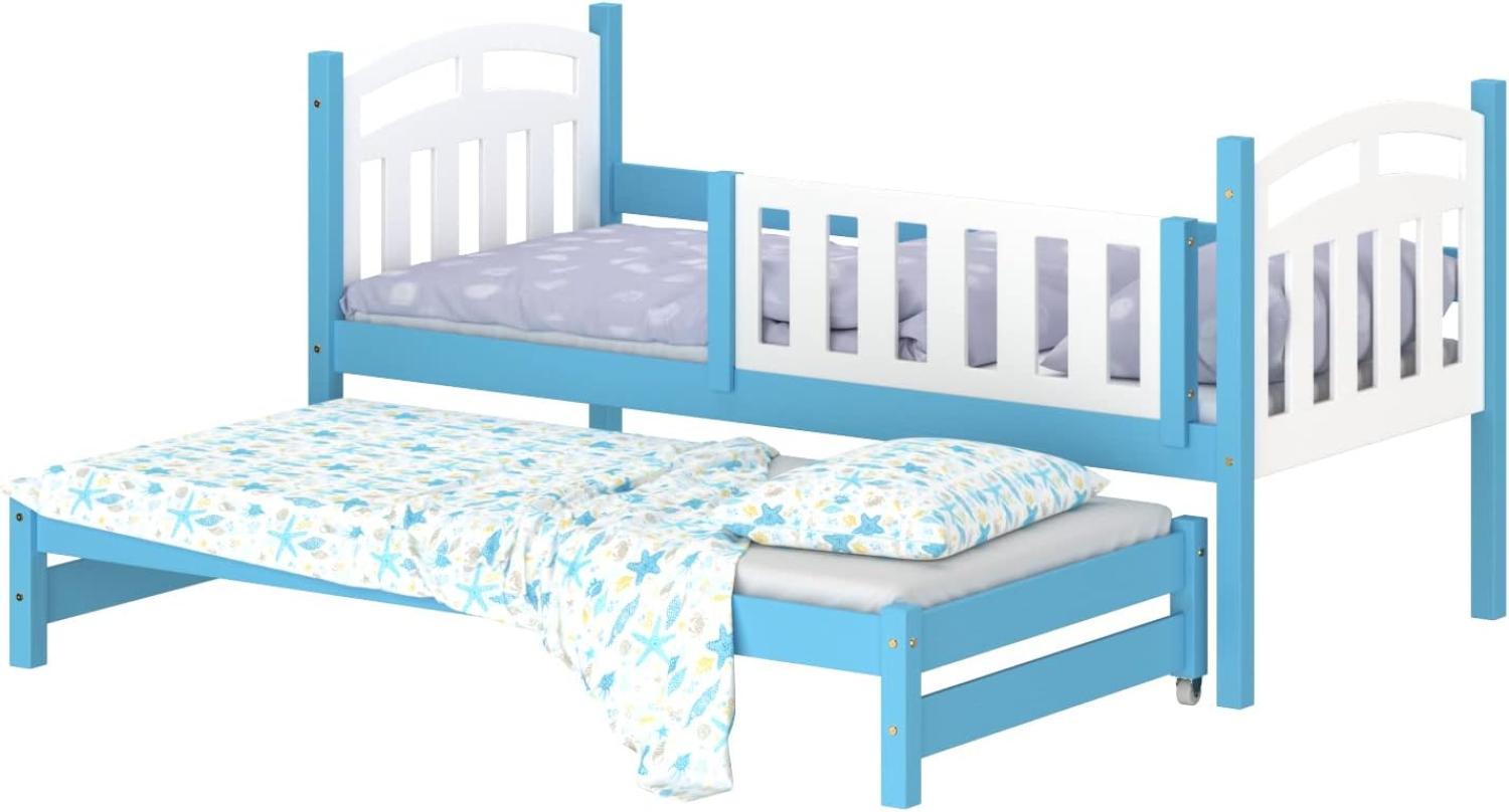 WNM Group Kinderbett Ausziehbar Suzie - aus Massivholz - Ausziehbett für Mädchen und Jungen - Hohe Qualität Bett mit Rausfallschutz für Kinder Blau - 160x80 / 150x80 cm Bild 1