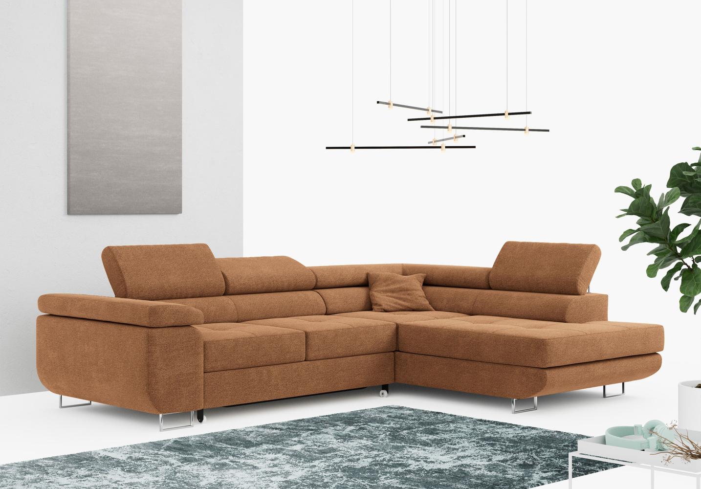 Ecksofa L-Form Couch mit Schlaffunktion und Verstellbare Kopfstützen - GUSTAW - Orange Stoff - Rechts Bild 1