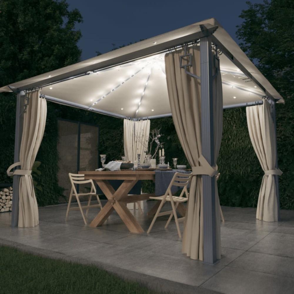 vidaXL Pavillon mit Vorhängen & LED-Lichterkette 300x300 cm Creme Alu 3070332 Bild 1