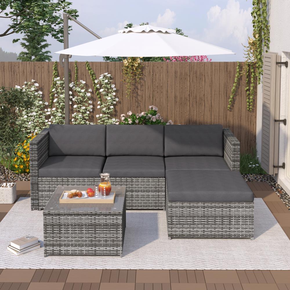Merax Polyrattan Lounge-Sofagarnitur, Lounge-Gartenmöbel, Couchgarnitur mit Sitz- und Rückenkissen, Lounge-Tisch , Grau Bild 1