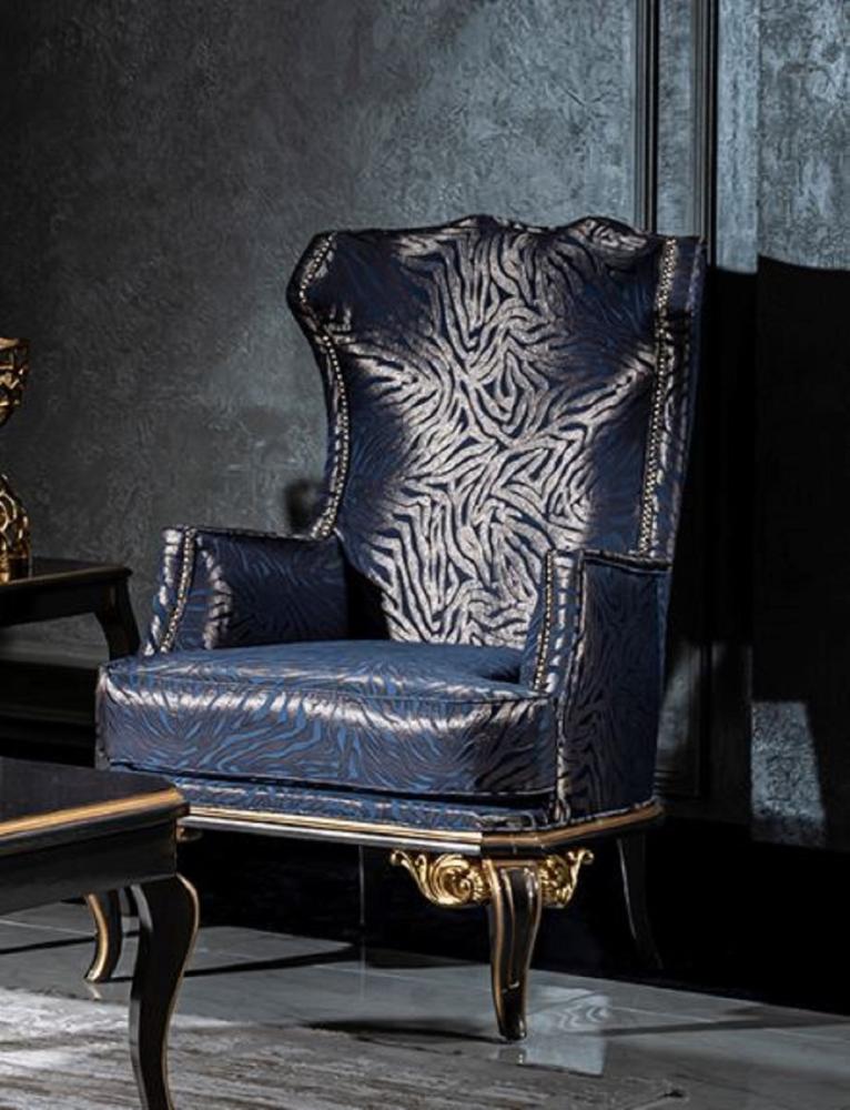 Casa Padrino Luxus Barock Ohrensessel Blau / Schwarz / Gold - Edler Wohnzimmer Sessel mit elegantem Muster - Handgefertigte Barock Möbel Bild 1