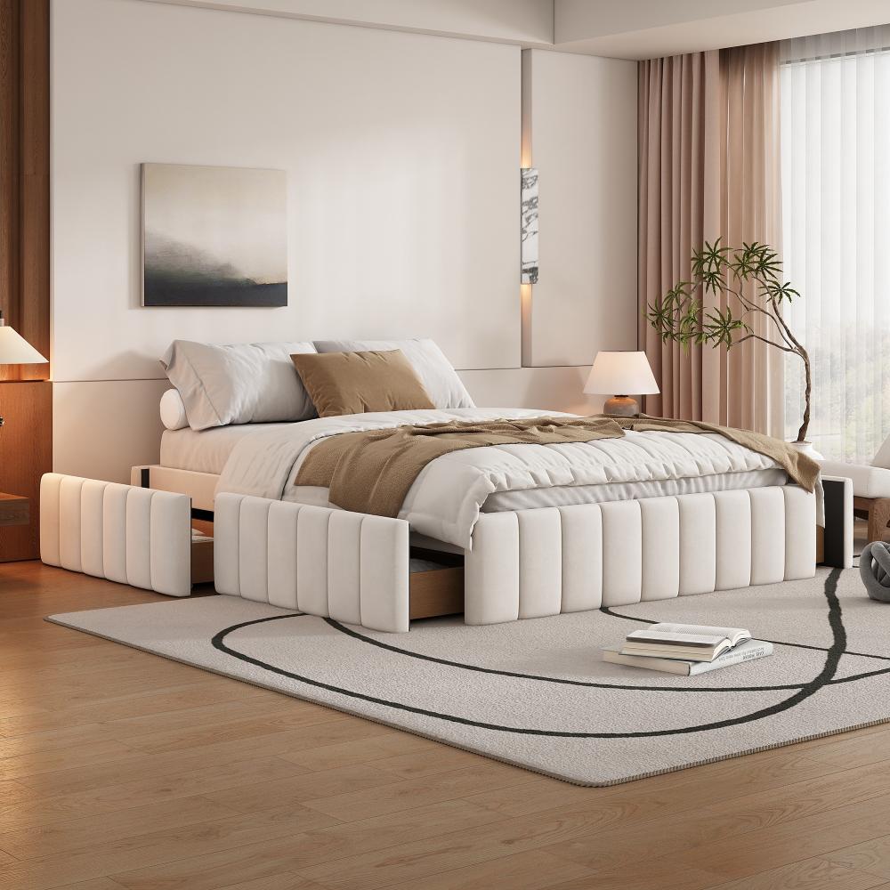 Merax Polsterbett 140 x 200 cm Bettgestell Einzelbett Doppelbett Designbett mit Lattenrost (Ohne Matratze) Bettrahmen, Kein Kopfteil, minimalistisches Styling, beige Bild 1