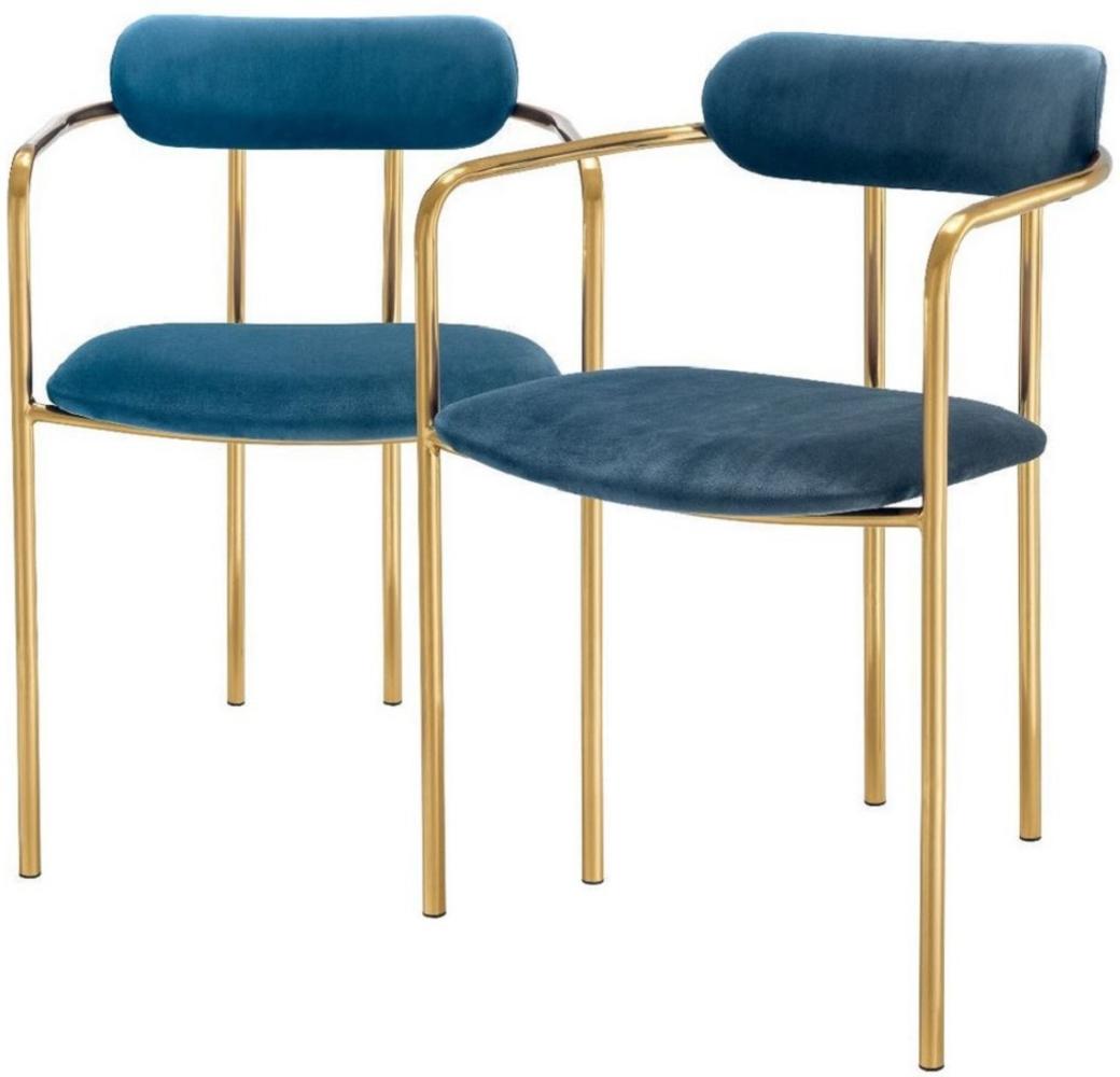Casa Padrino Luxus Esszimmerstühle mit Armlehnen Blau / Gold 53 x 50 x H. 74 cm - Küchenstühle mit edlem Samtstoff - Esszimmer Set - Esszimmer Möbel Bild 1