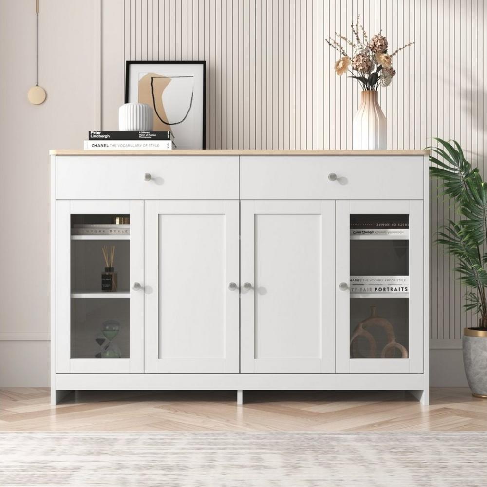 Merax Sideboard mit gehärteten Glastüren und Schubladen, Küchenschrank, Kommode im Landhausstil, Aufbewahrungsschrank, Breite 120cm Bild 1