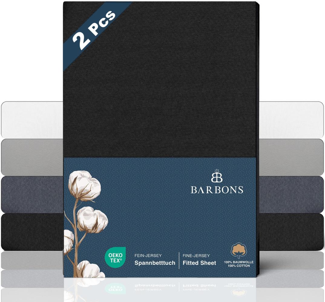 BARBONS Spannbettlaken 90x200cm 2er - 100% Baumwolle Spannbettlaken, Oeko-TEX Zertifiziert, Bettlaken Jersey, Spannbetttuch, Matratzenhöhe bis 25 cm (Schwarz - 90x200-2er) Bild 1