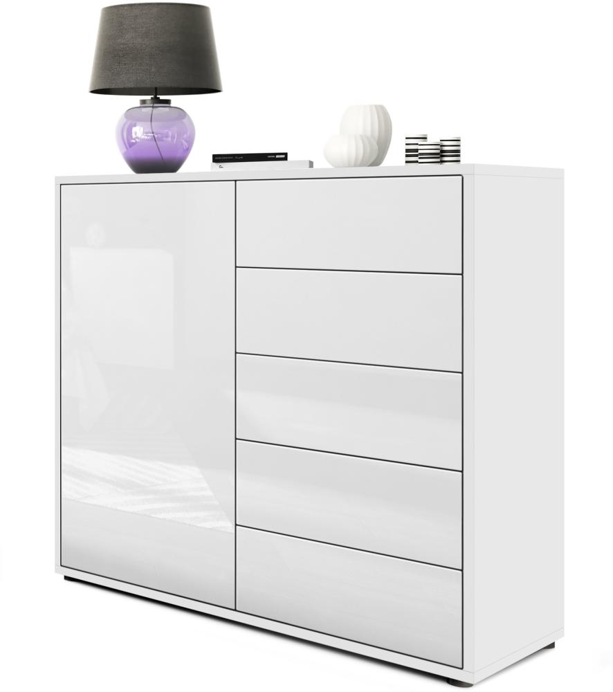 Vladon Sideboard Ben V2, Kommode mit 1 Tür und 5 Schubladen, Weiß matt/Weiß Hochglanz (79 x 74 x 36 cm) Bild 1