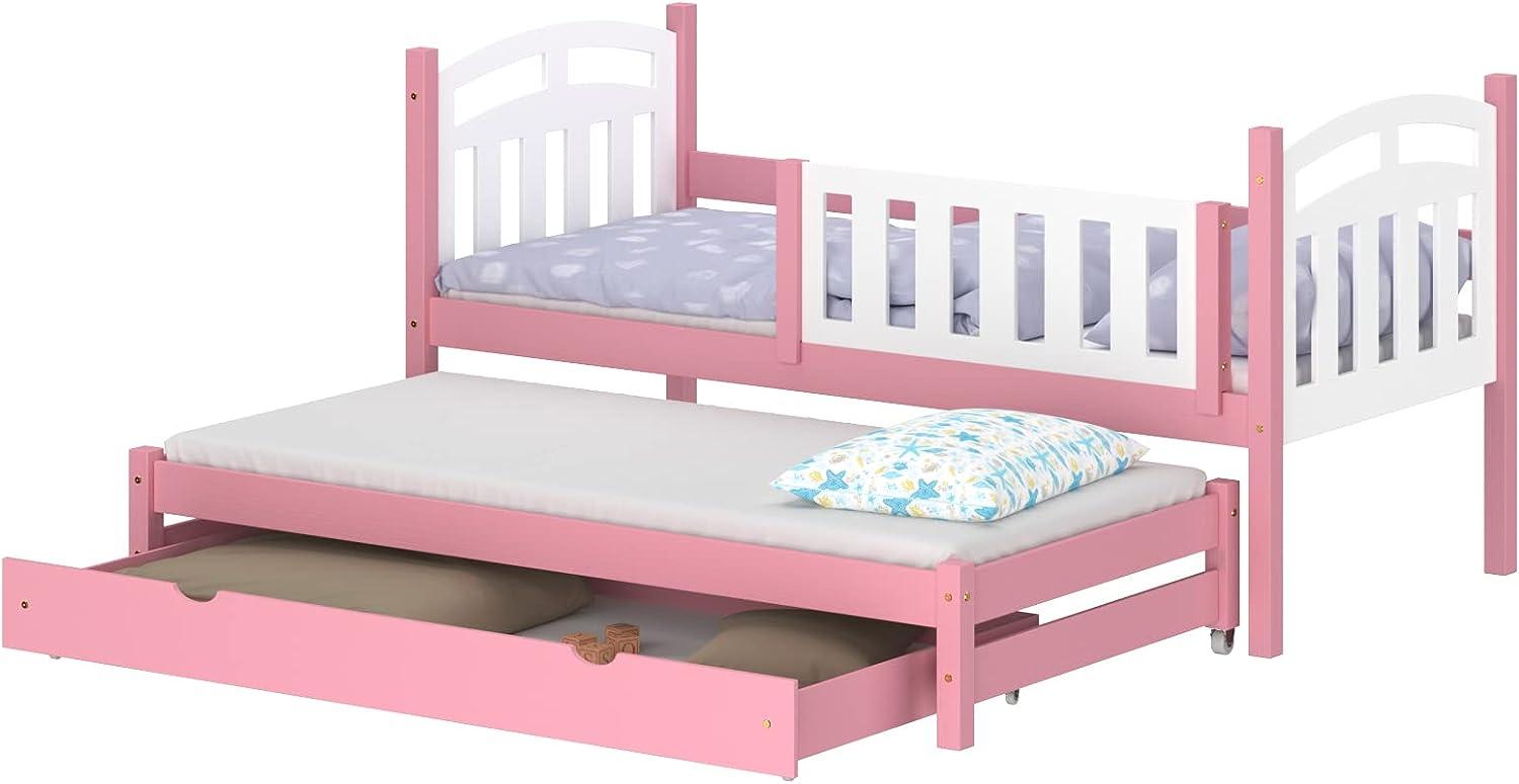 WNM Group Kinderbett Ausziehbar mit Rausfallschutz Suzie - aus Massivholz - Ausziehbett für Mädchen und Jungen - Bett mit Schublade - Funktionsbett 160x80 / 150x80 cm - Rosa Bild 1