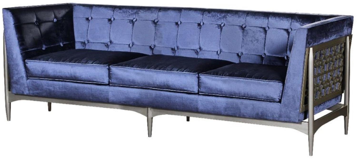 Casa Padrino Luxus Art Deco 3er Sofa Blau / Grau 250 x 76 x H. 83 cm - Edles Samt Sofa mit Mahagoni Rahmen Bild 1