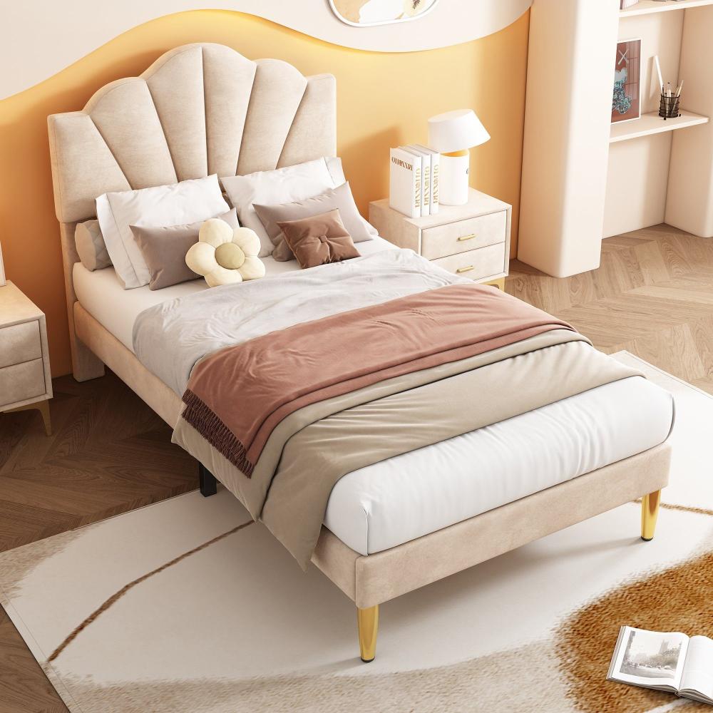 Merax Polsterbett, Samt Einzelbett mit höhenverstellbarem Muschel-Form-Kopfteil 90x200cm, beige Bild 1