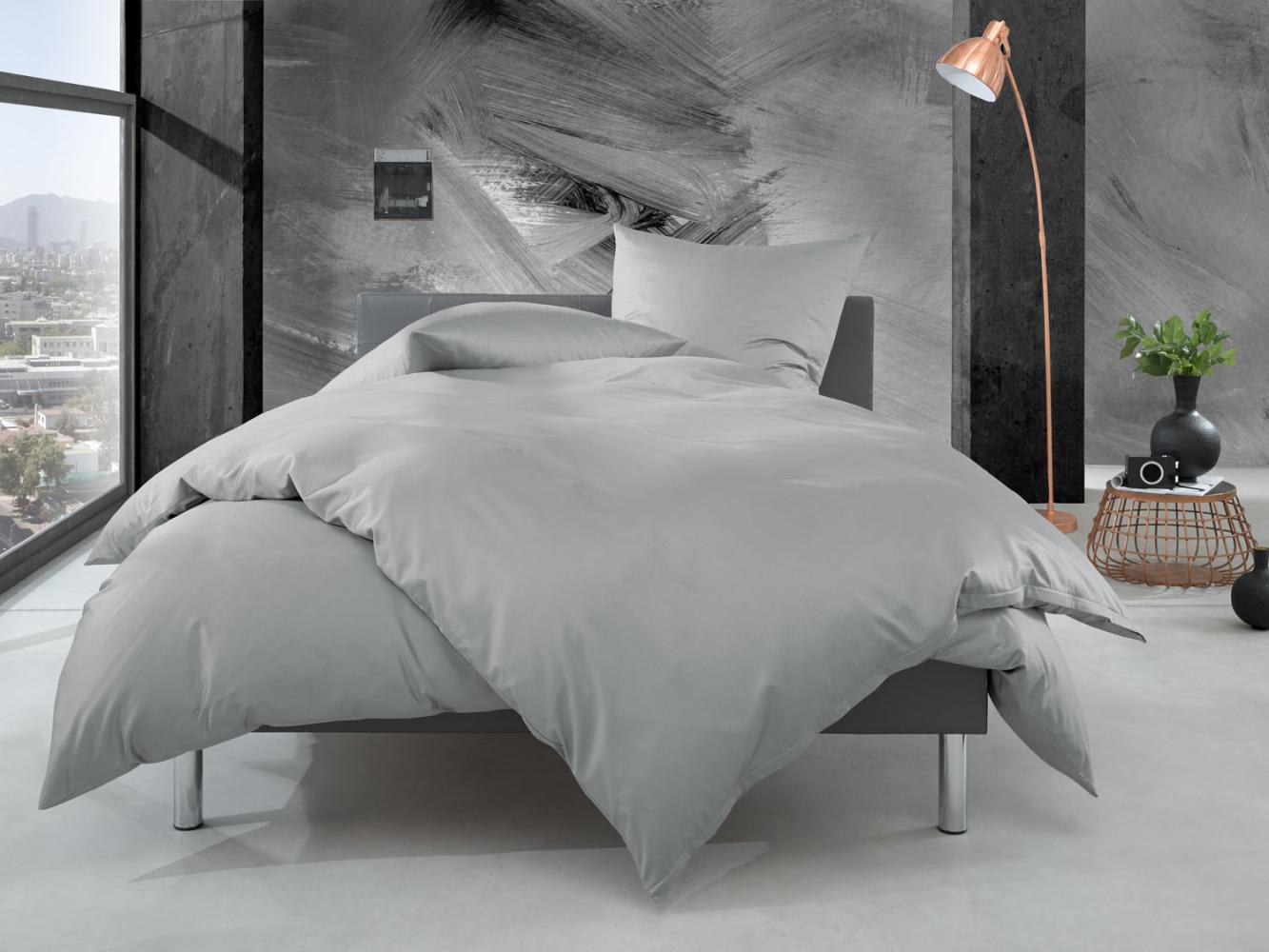 Bettwaesche-mit-Stil Mako Perkal Bettwäsche uni / einfarbig grau Garnitur 240x220 + 2x 80x80 cm Bild 1