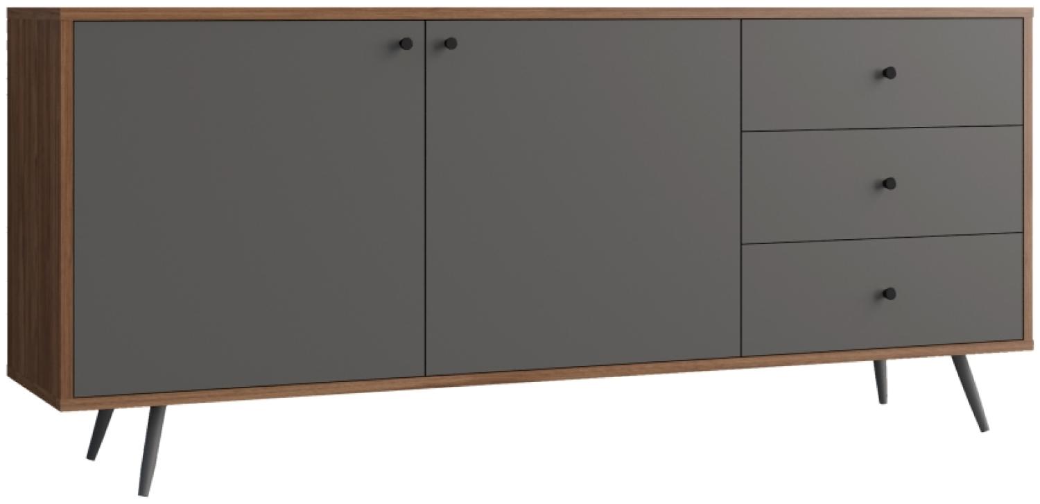 Sideboard 176 x 39,6 cm MDF Grau Walnuss 2-türig 3 Schubladen und Metallfüßen Bild 1