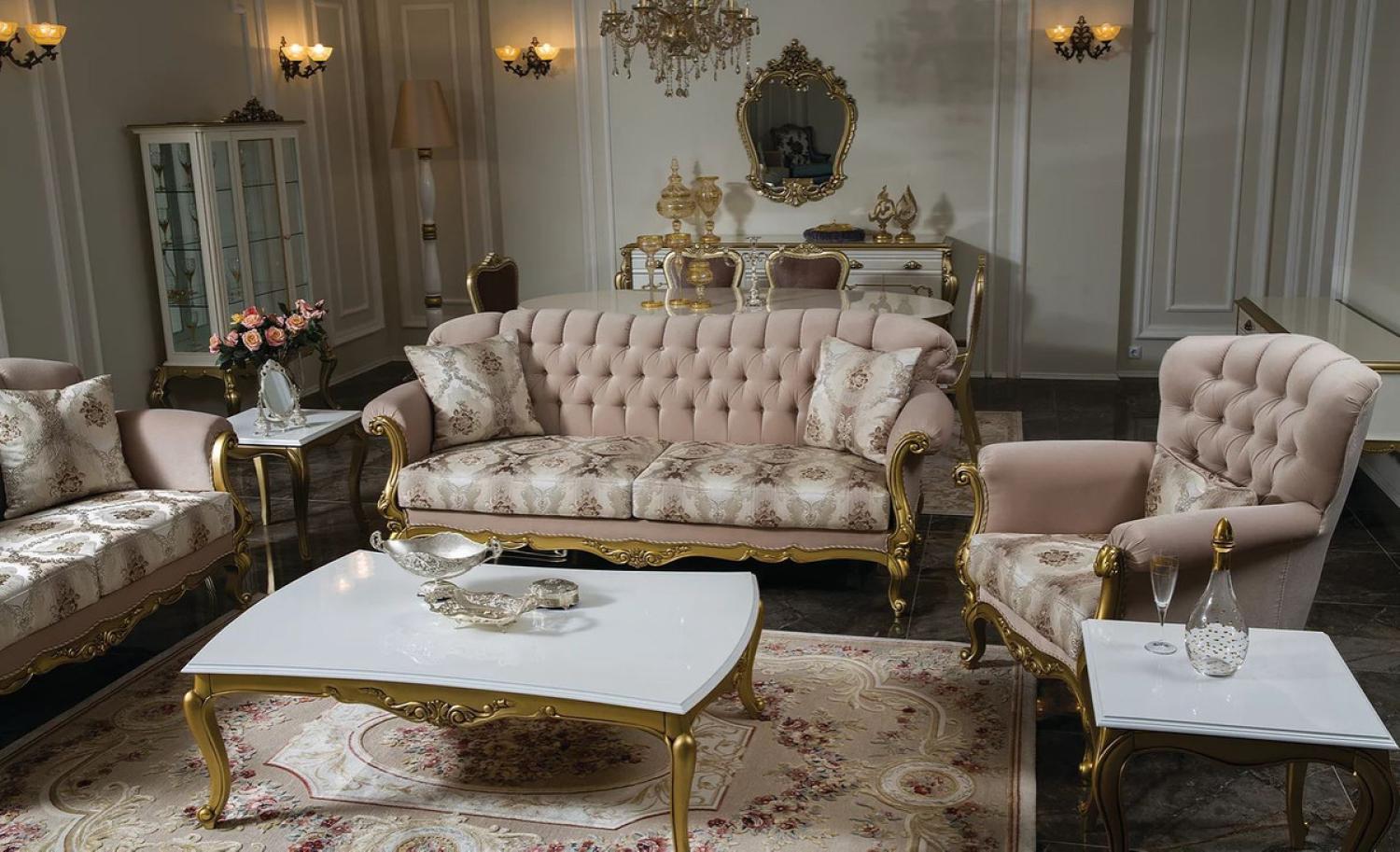 Casa Padrino Luxus Barock Wohnzimmer Set Rosa / Weiß / Gold - 2 Sofas & 2 Sessel & 1 Couchtisch & 2 Beistelltische - Wohnzimmer Möbel im Barockstil - Edel & Prunkvoll Bild 1