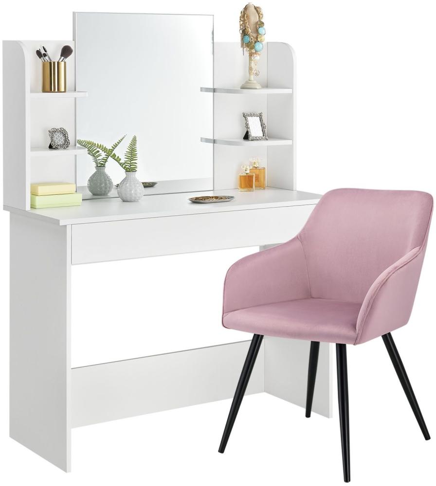 Schminktisch Bella mit Stuhl, Spiegel & großer Schublade – MDF Holz weiß – rosa Sessel - Frisiertisch für Damen und Mädchen – Kosmetiktisch Bild 1