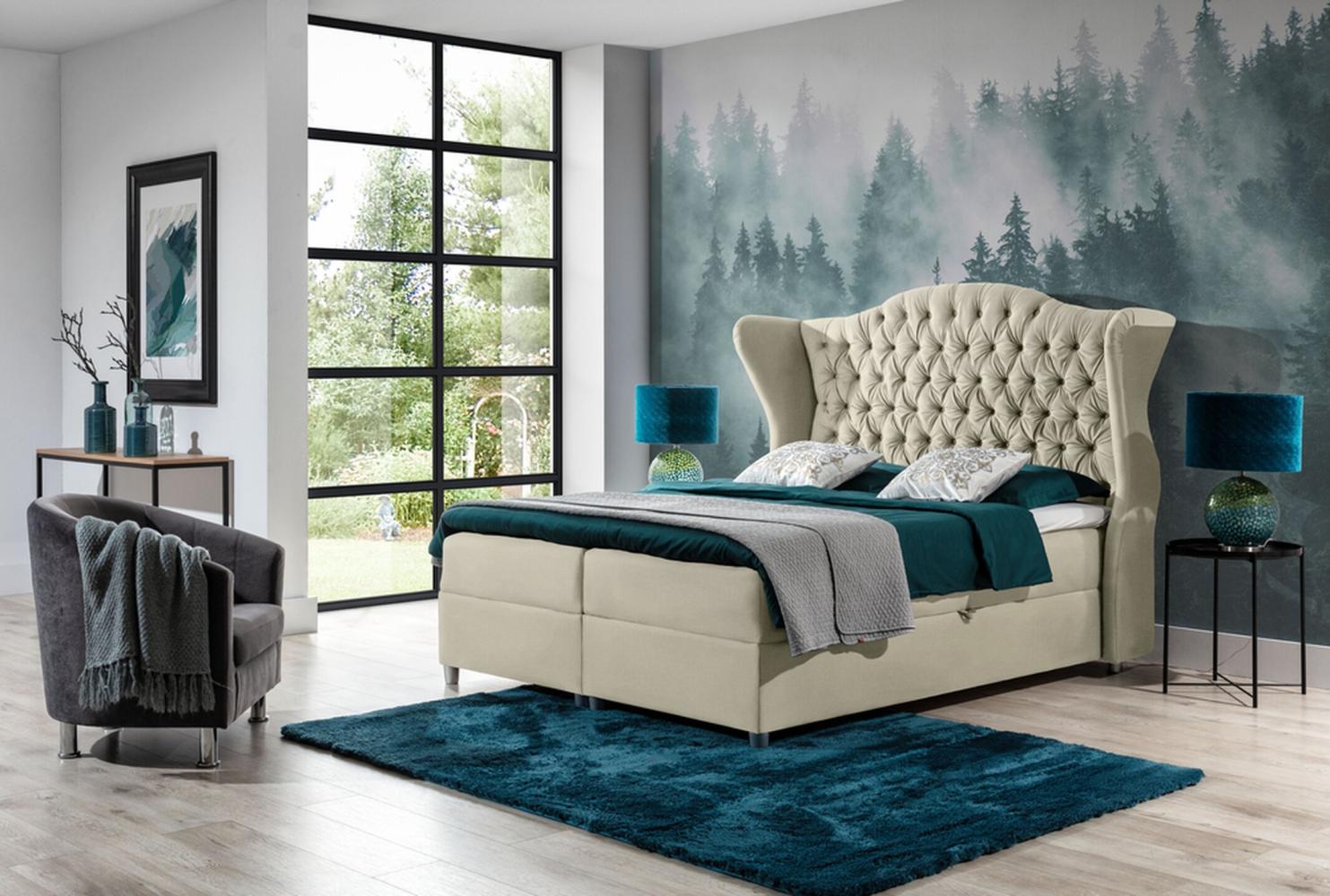 Stylefy 'Adele' Boxspringbett, Strukturstoff Beige 180 x 200 cm Bild 1