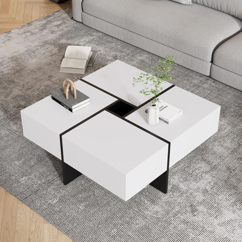 Merax Modernes 70*70*35cm Couchtisch mit 10*10cm Zentralem Aufbewahrungsfach, Weiß Bild 1