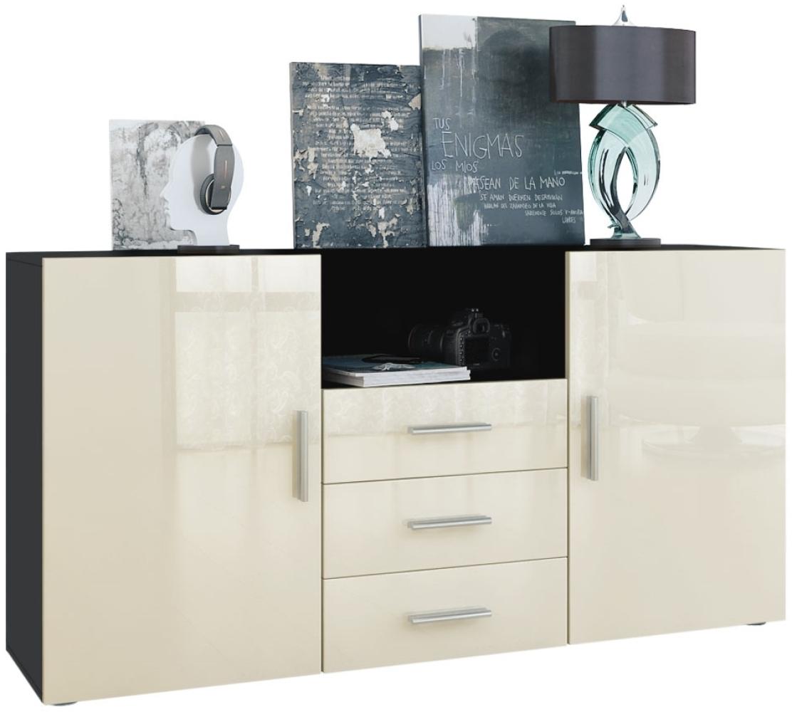 Vladon Sideboard Skadu, Kommode mit 2 Türen, 3 Schubladen und 1 offenem Fach, Schwarz matt/Creme Hochglanz (138,5 x 71,5 x 35 cm) Bild 1