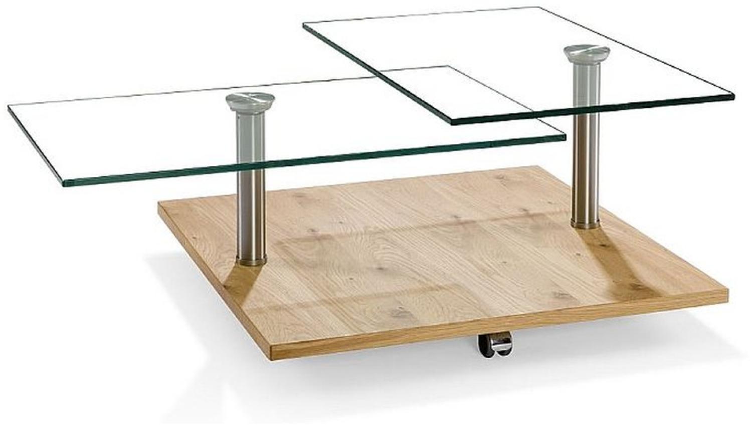 Massivholz Couchtisch aus Asteiche, Edelstahl & Klarglas mit Rollen und schwenkbaren Tischplatten Bild 1