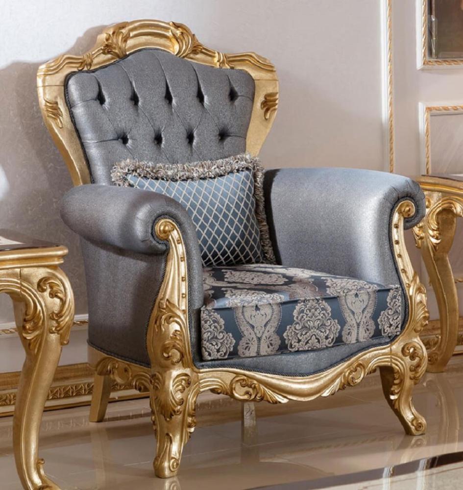 Casa Padrino Luxus Barock Sessel Blau / Gold - Handgefertigter Barockstil Wohnzimmer Sessel mit elegantem Muster - Barock Wohnzimmer Möbel - Edel & Prunkvoll Bild 1