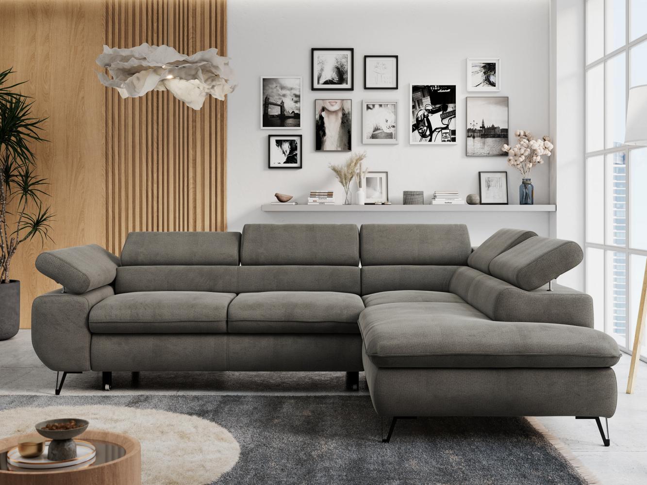 Ecksofa mit Bettfunktion, Modern Sofa, L-form, Einstellbare Kopfstützen, Bettkasten - PETER - Dunkelgrau Velours - rechts Bild 1