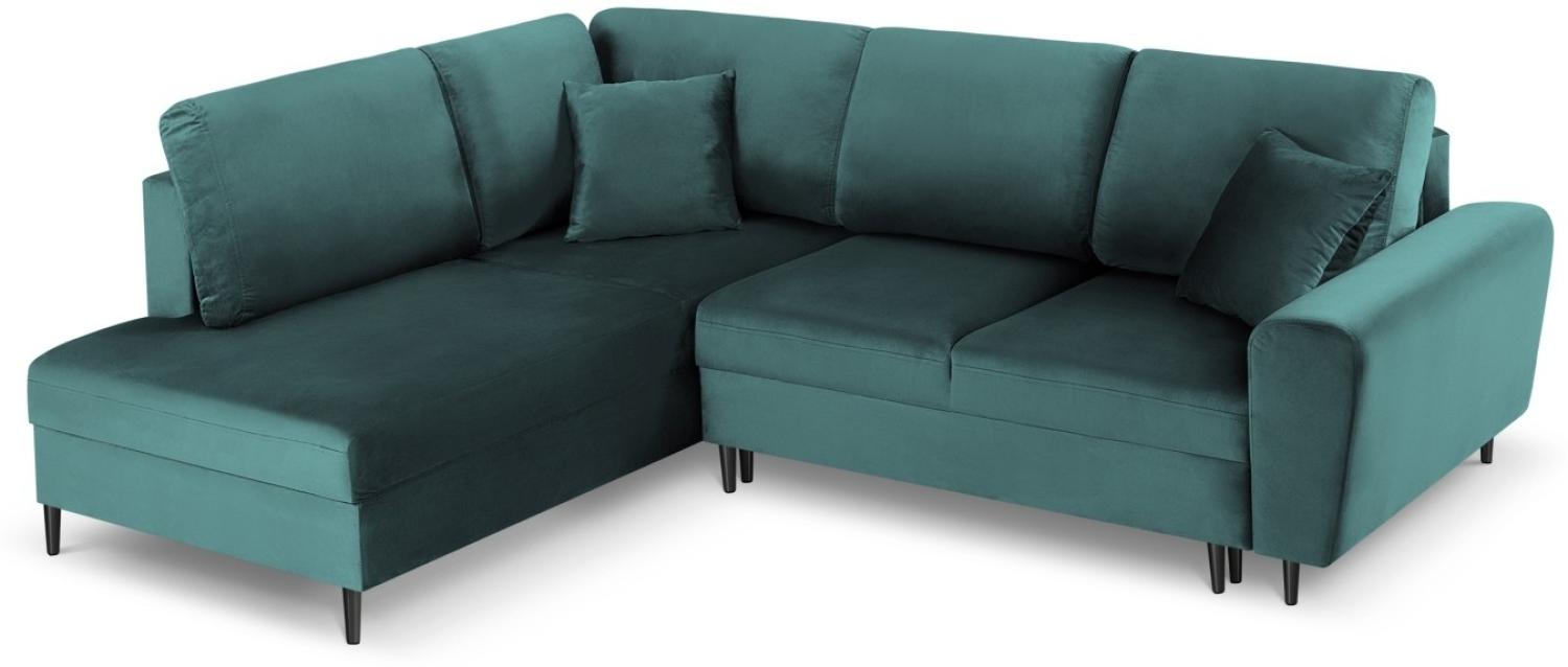 Micadoni 5-Sitzer Samtstoff Ecke links Sofa mit Bettfunktion und Box Moghan | Bezug Petrol | Beinfarbe Black Chrome Meta. Bild 1