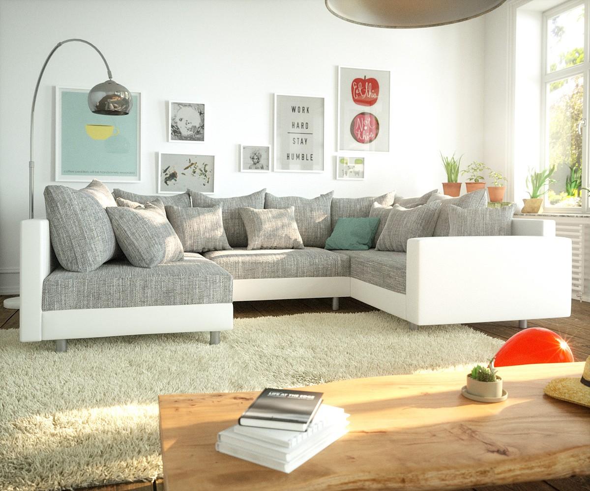 Couch Clovis Weiß/ Hellgrau mit Armlehne Wohnlandschaft modular Bild 1