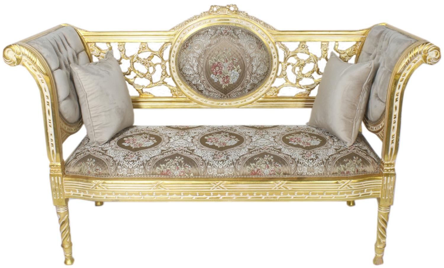 Casa Padrino Barock Sitzbank Grau Creme Muster / Gold 155 x 50 x H. 70 cm - Antikstil Sitzbank Bild 1