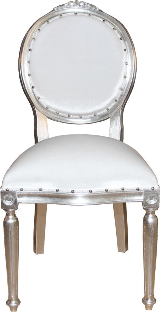 Casa Padrino Barock Medaillon Luxus Esszimmer Stuhl ohne Armlehnen in Weiss / Silber - Limited Edition Bild 1