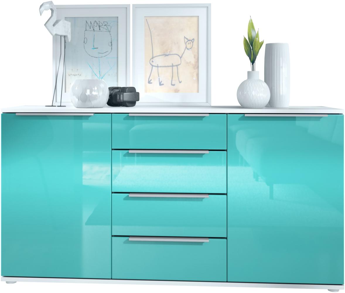 Vladon Sideboard Linio 139 x 72,5 x 35 cm Anrichte mit 2 Türen und 4 Schubladen, Korpus in Weiß matt, Fronten in Petrol Hochglanz Bild 1