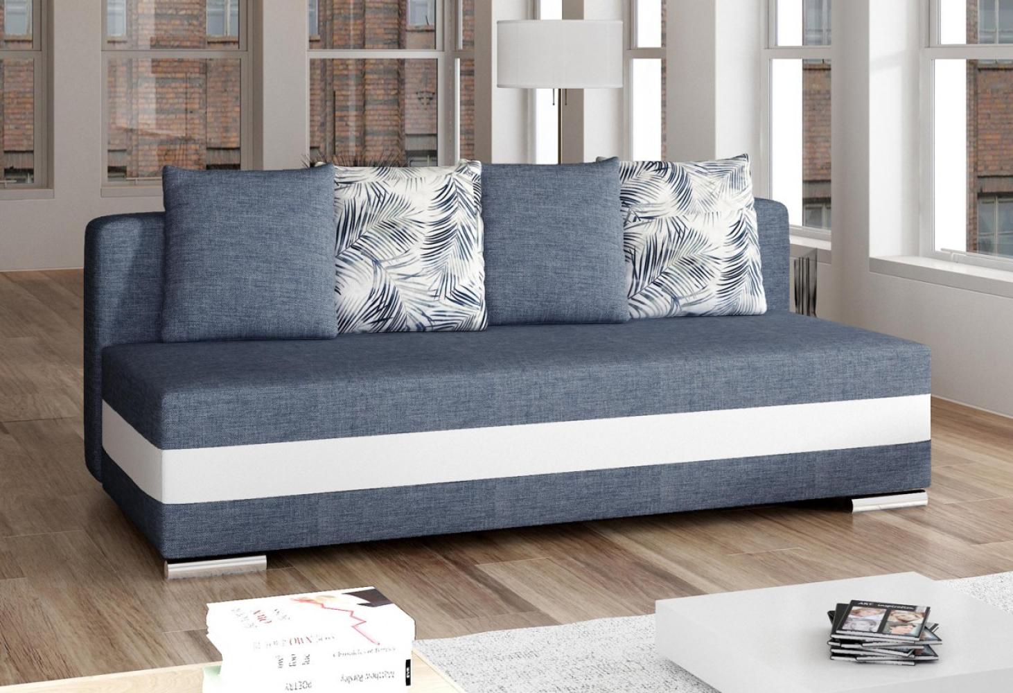 Sofa 3-Sitzer Couch CALIA Blau Weiß Strukturstoff Kunstleder Microvelours Bettkasten Schlaffunktion Bild 1