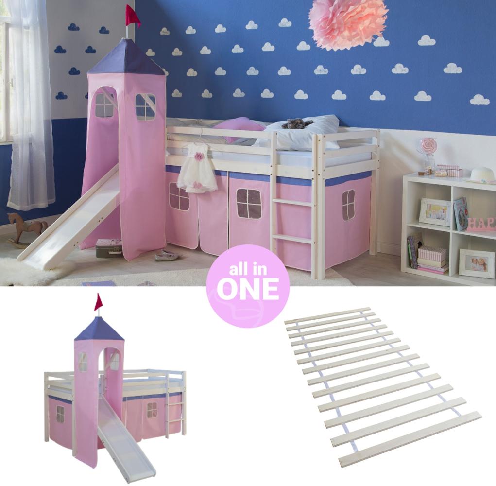 Hochbett mit Lattenrost 90x200 Turm Rutsche Stockbett Kinderbett Holz Kiefer Vorhang rosa Spielbett Bild 1