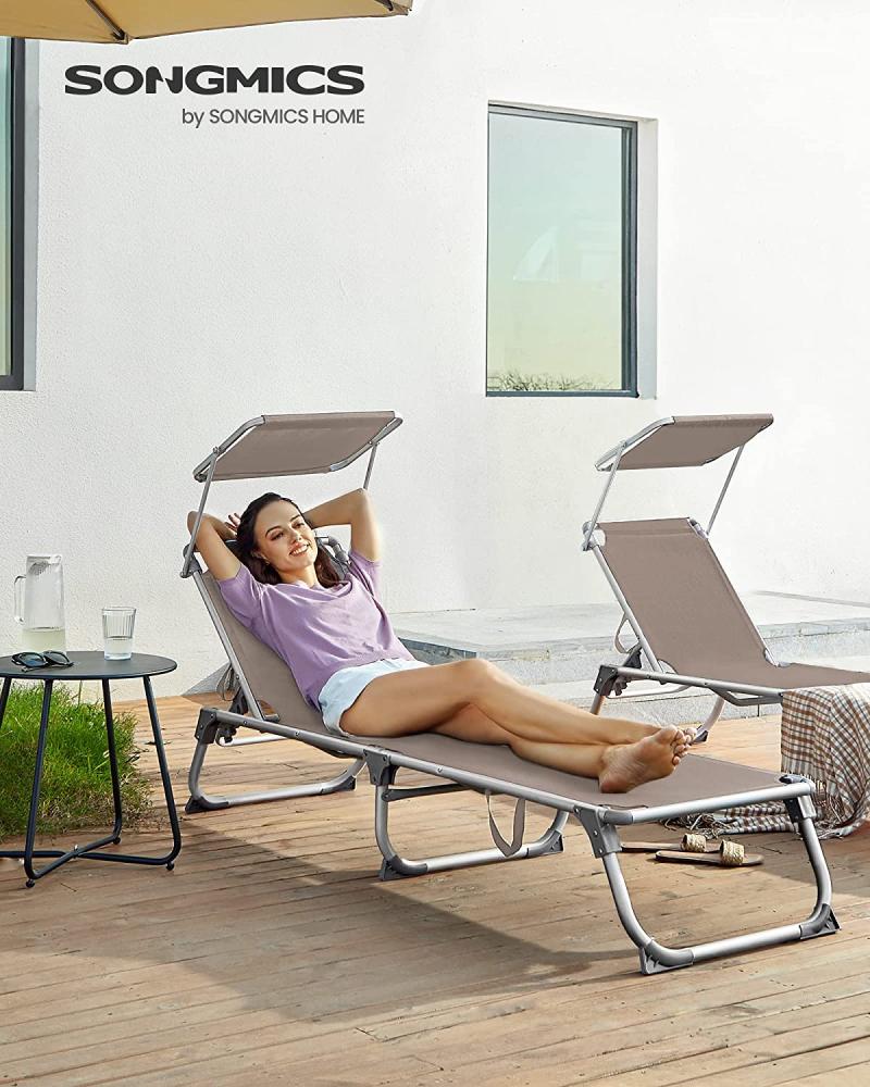 Sonnenliege, klappbarer Liegestuhl, 193 x 55 x 31 cm, max. Belastbarkeit 150 kg, mit Sonnenschutz, verstellbare Rückenlehne, für Terrasse Pool Garten, taupe GCB19BR Bild 1