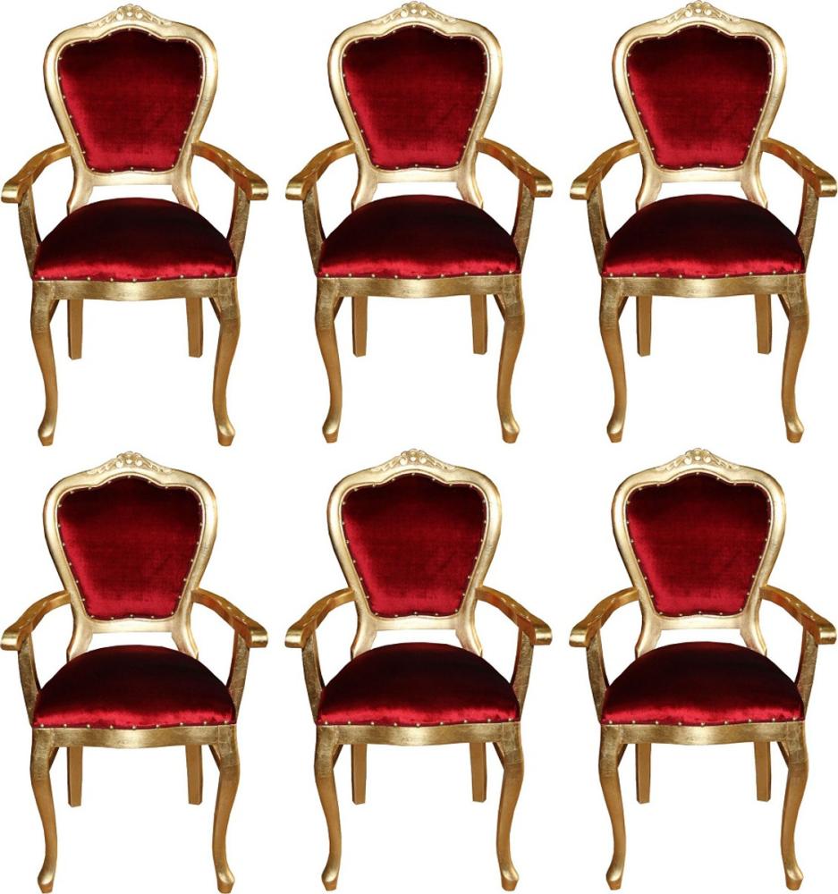 Casa Padrino Luxus Barock Esszimmer Set Bordeauxrot / Gold 60 x 47 x H. 99 cm - 6 handgefertigte Esszimmerstühle mit Armlehnen - Barock Esszimmermöbel Bild 1
