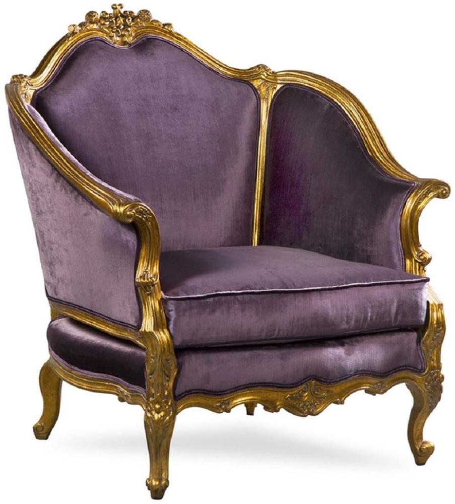 Casa Padrino Luxus Barock Sessel Lila / Antik Gold - Edler Handgefertigter Wohnzimmer Sessel im Barockstil - Barock Wohnzimmer Möbel - Edel & Prunkvoll Bild 1
