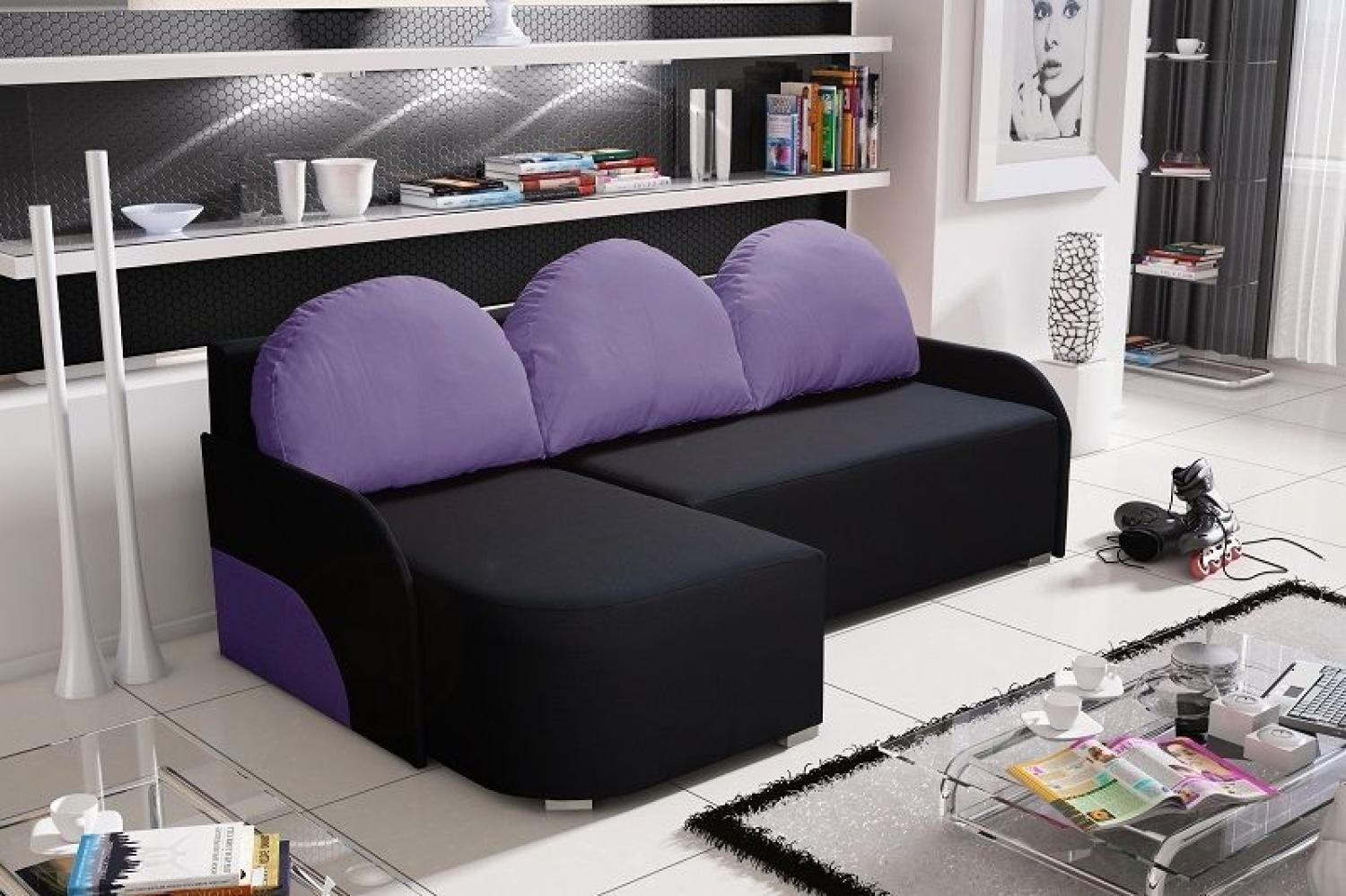 Ecksofa Sofa CANDY mit Schlaffunktion Ottomane Links Schwarz / Violett Bild 1