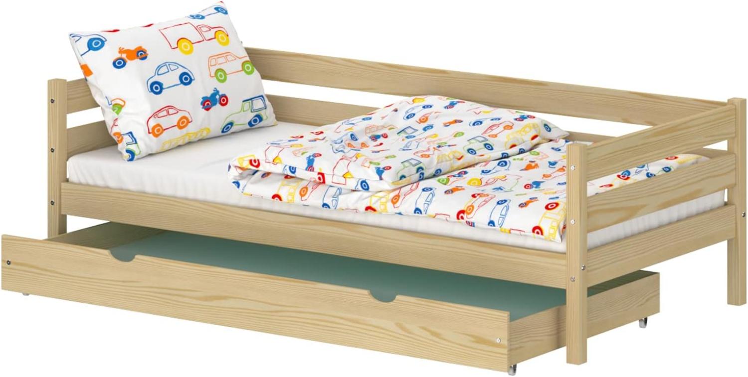WNM Group Kinderbett für Mädchen und Jungen Kaira - Jugenbett aus Massivholz - Bett mit Schubladen - Funktionsbett 200x90 cm - Natürliche Kiefer Bild 1