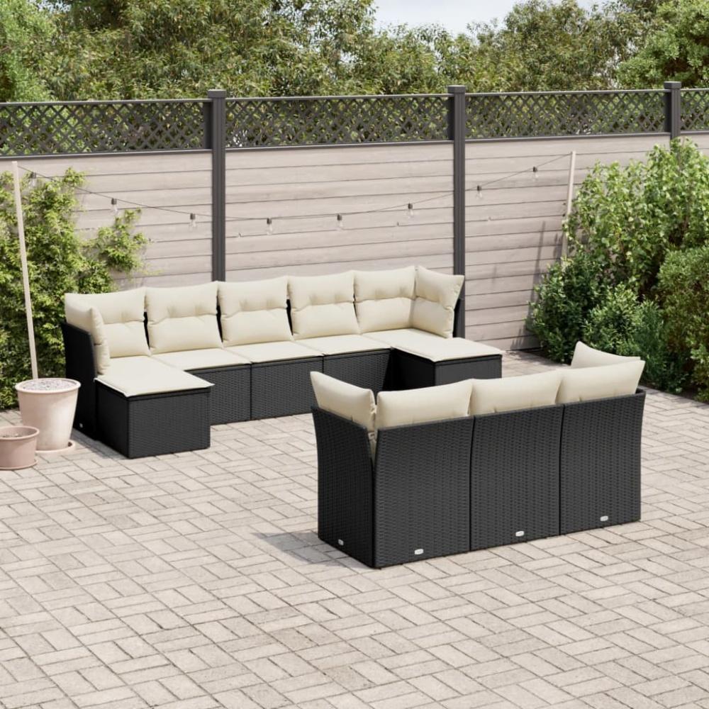 vidaXL 10-tlg. Garten-Sofagarnitur mit Kissen Schwarz Poly Rattan Bild 1