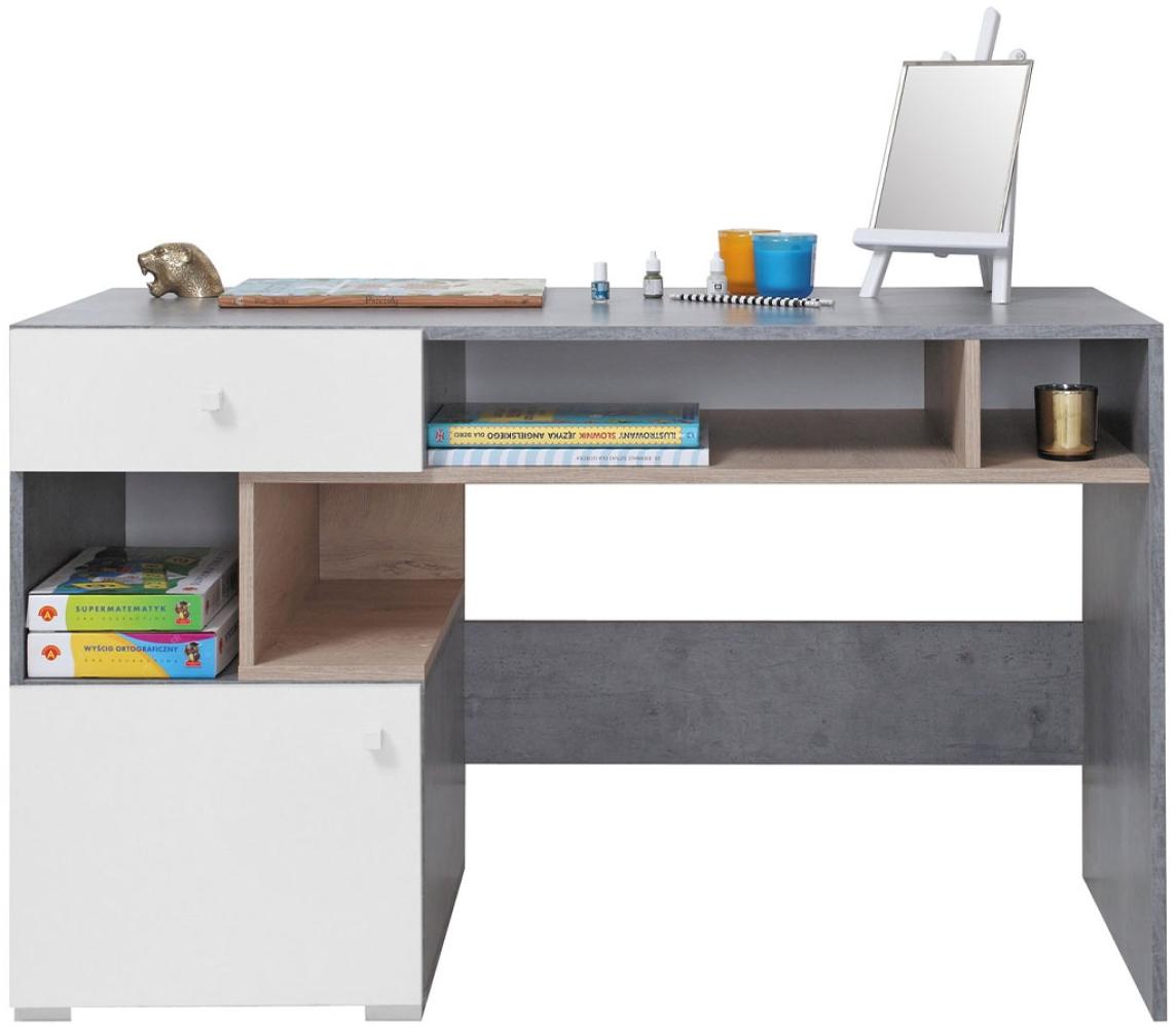 Schreibtisch Nonnus 10, Farbe: Beton / Weiß + Eiche, 125x76x55cm Bild 1