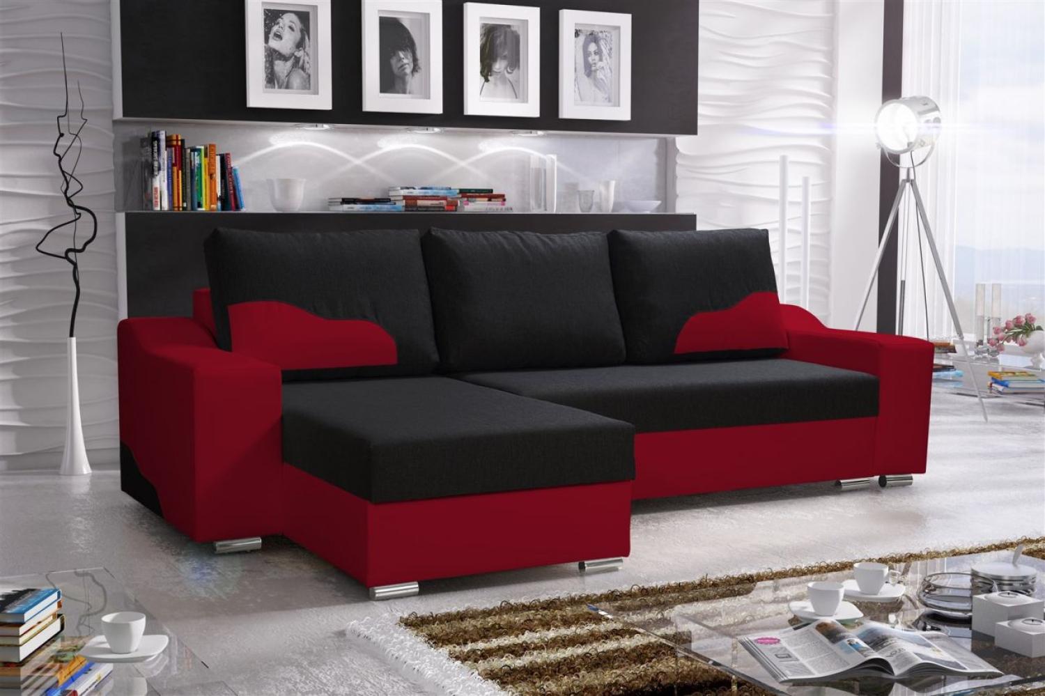 Ecksofa Sofa COLLIN mit Schlaffunktion Rot / Schwarz Ottomane Links Bild 1