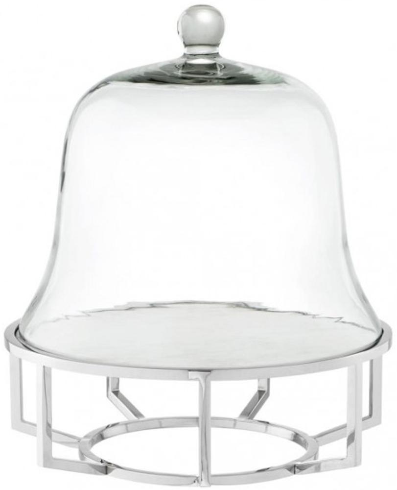 Casa Padrino Luxus Art Deco Kuchenglocke Edelstahl vernickelt mit weißem Marmor und Glasdeckel - Kuchen Ständer Bild 1