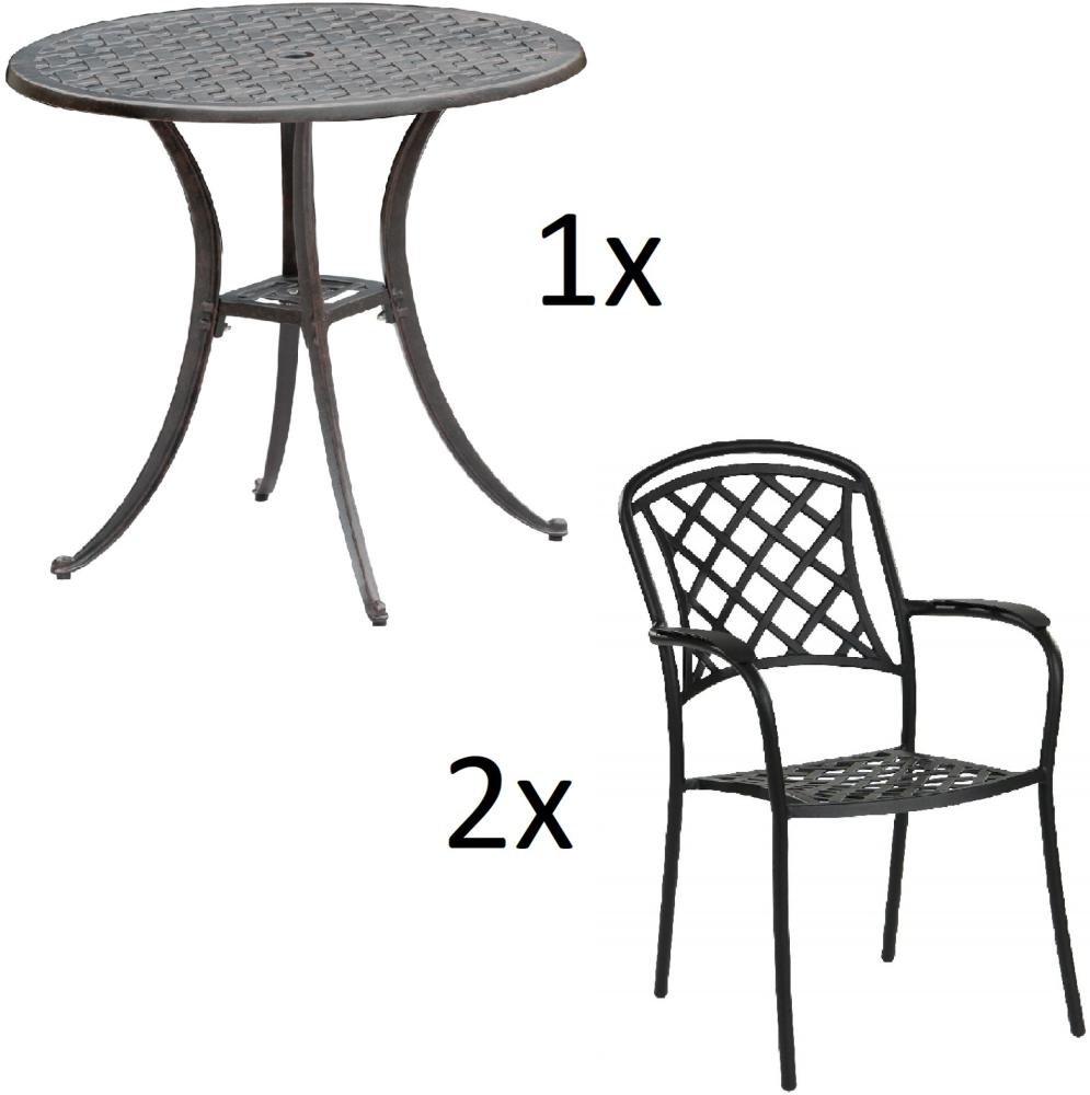 Inko 3-teilige Sitzgruppe Aluminium Guss bronze Tisch Ø 80 cm mit 2 Sesseln Tisch Ø80 cm mit 2x Sessel Capri Bild 1