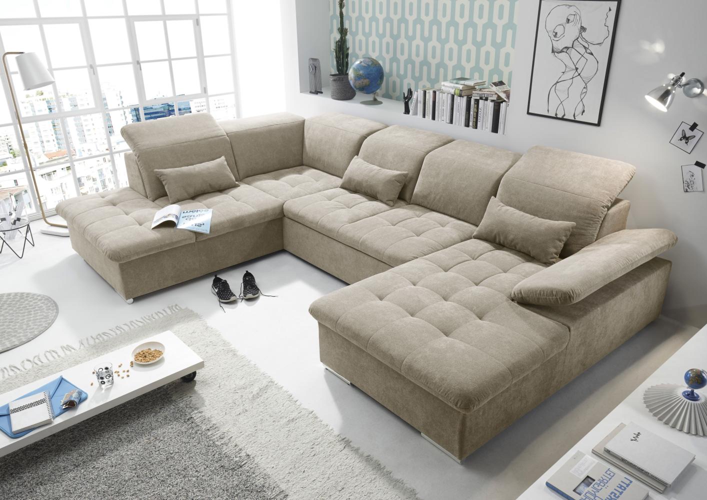 Couch WAYNE L Sofa Schlafcouch Wohnlandschaft Schlaffunktion beige sand U-Form links Bild 1