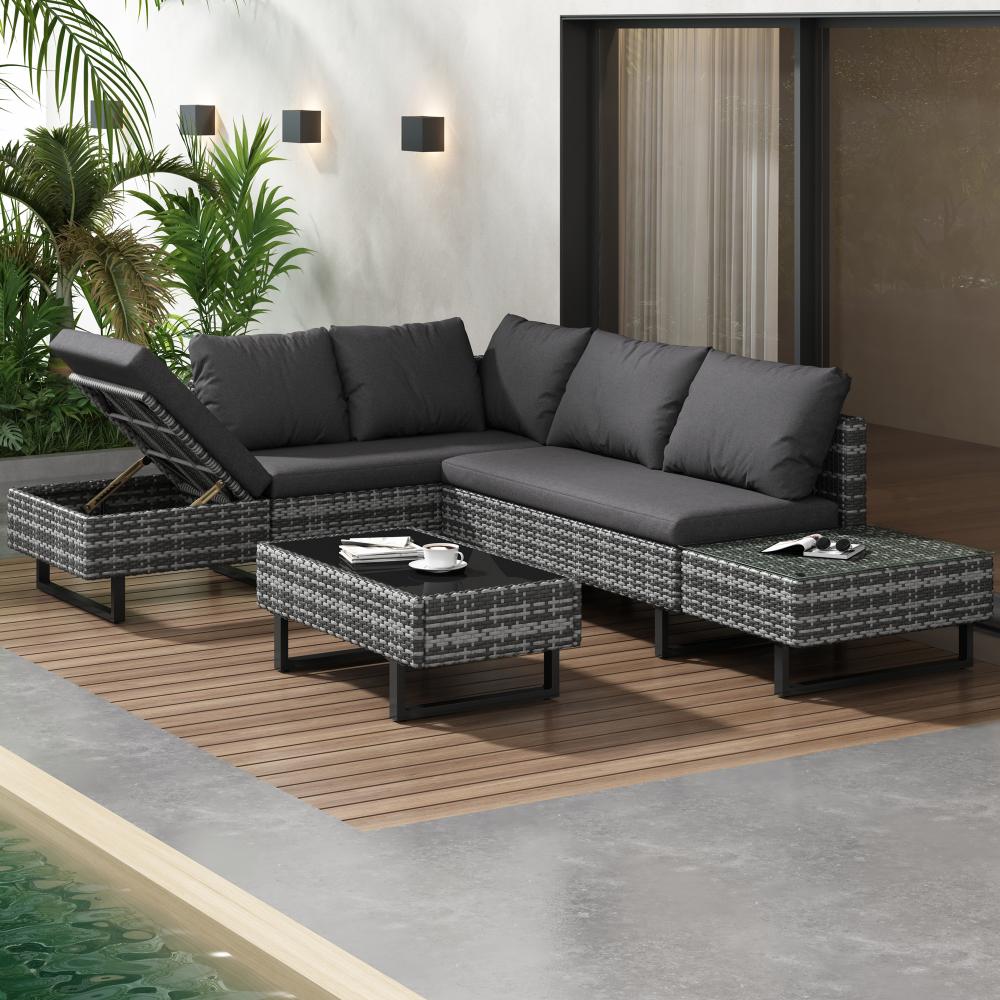 Merax Modulares, bewegliches Sofa, bietet Platz für 4–5 Personen, inklusive Liegefunktion, UV-beständiges PE-Rattan, Couchtisch, dunkelgrau Bild 1