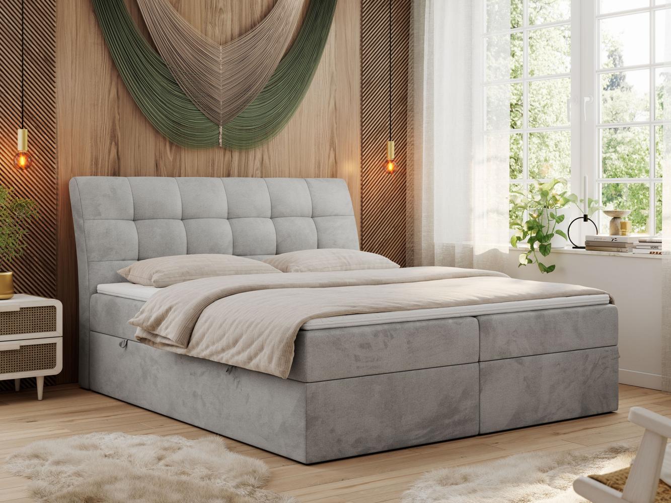 Boxspringbett Polsterbett mit Multipocket-Matratze und Topper - DIEGOS - 200x200cm - Hellgrau Velours - H3 Bild 1