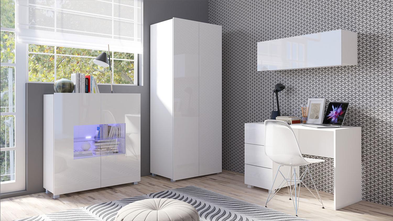 Jugendzimmer-set Calabrini XIV, mit weißer LED Beleuchtung, Farbe: Weiß / Weiß Hochglanz Bild 1