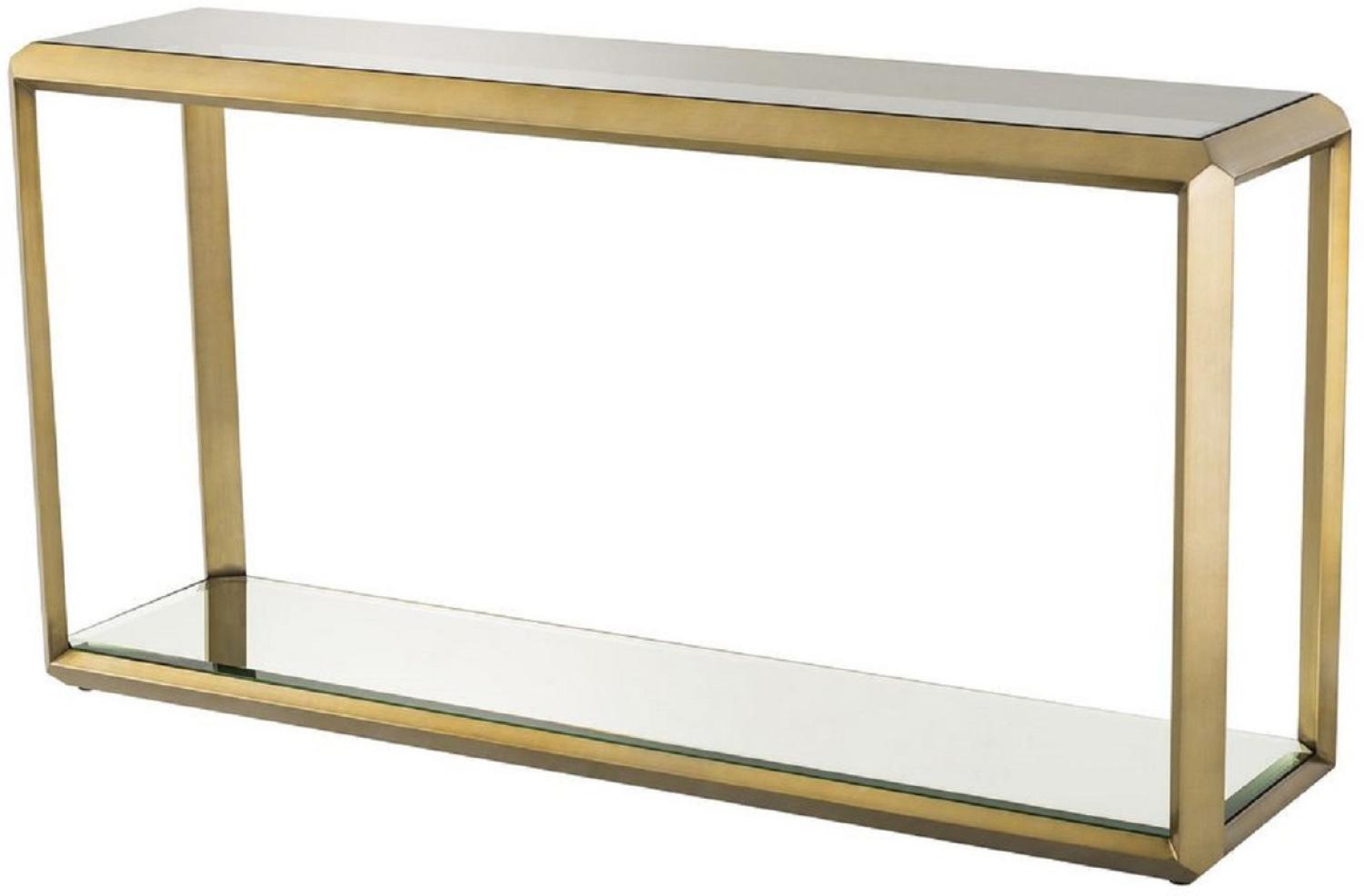 Casa Padrino Luxus Konsole Messingfarben / Schwarz 150 x 40 x H. 78 cm - Edelstahl Konsolentisch mit Glasplatte und Spiegelglas - Luxus Wohnzimmer Möbel Bild 1