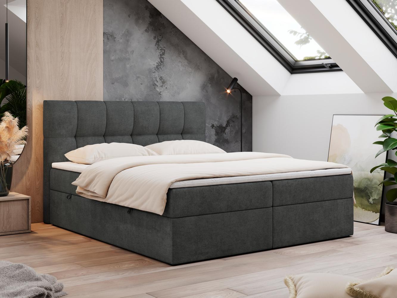 Boxspringbett mit Kopfteil und Topper, Doppelbett - RICO - 140x200cm - Dunkelgrau Stoff - H3 Bild 1