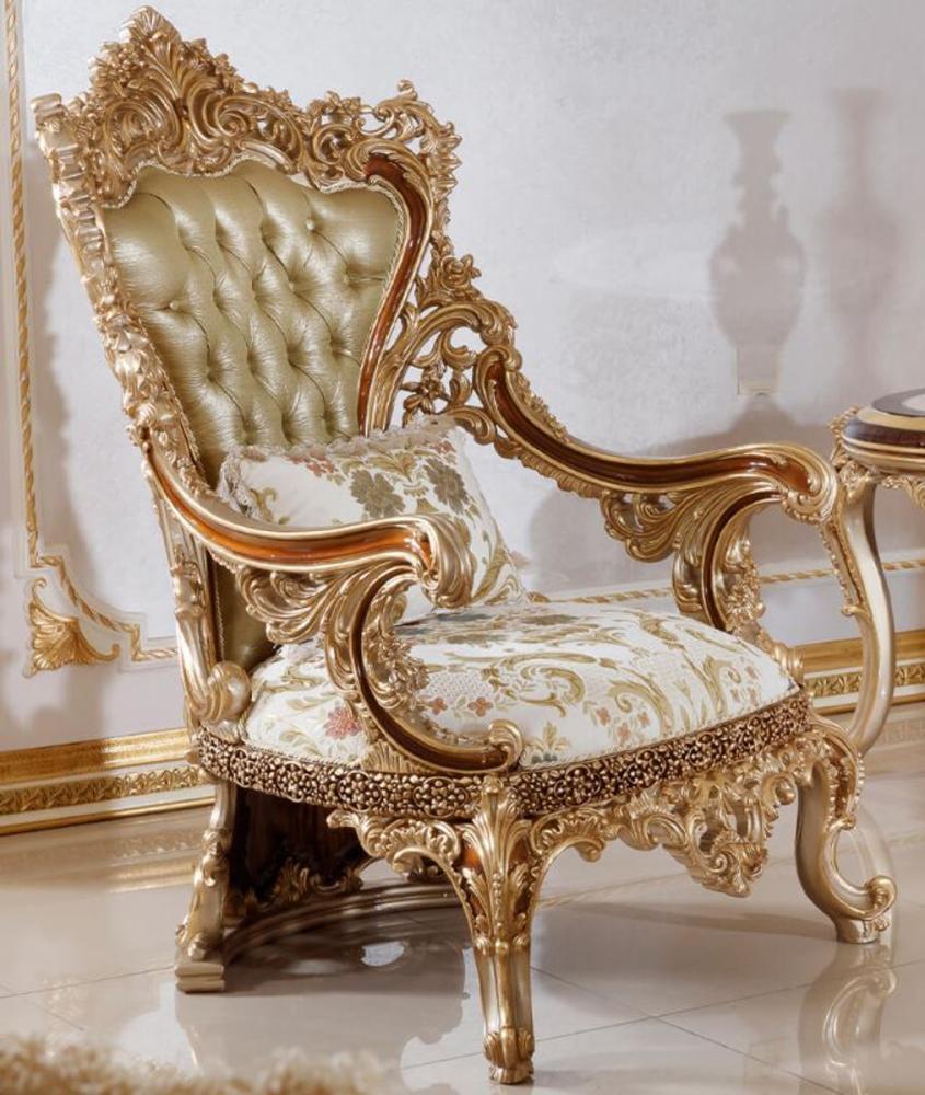 Casa Padrino Luxus Barock Sessel Grün / Weiß / Mehrfarbig / Braun / Gold - Prunkvoller Wohnzimmer Sessel mit elegantem Muster - Barock Wohnzimmer & Hotel Möbel - Edel & Prunkvoll Bild 1
